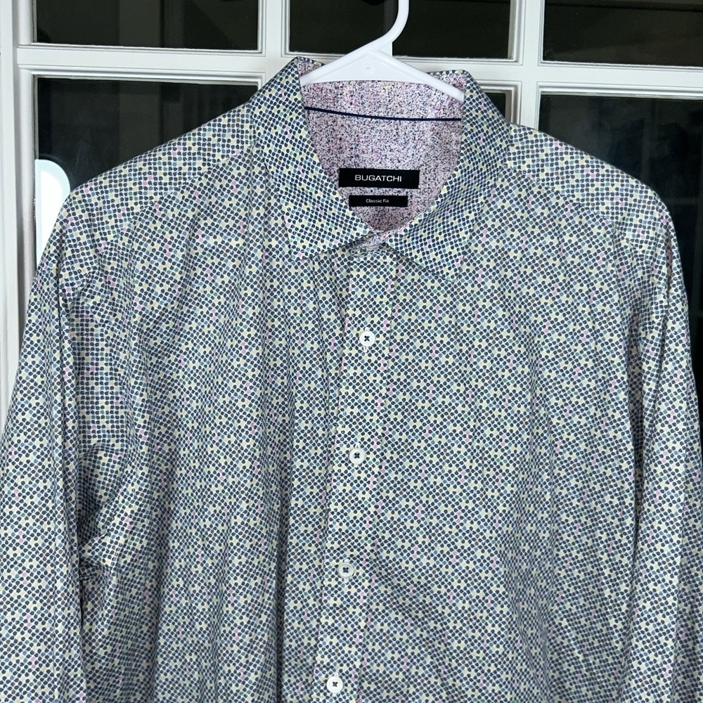 Bugatchi Classic Fit Mens XL Button Down‎ Blue Geometric Dot Pink Contrast Cuff